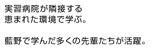 実習病院が隣接する恵まれた環境で学ぶ。藍野で学んだ多くの先輩たちが活躍。